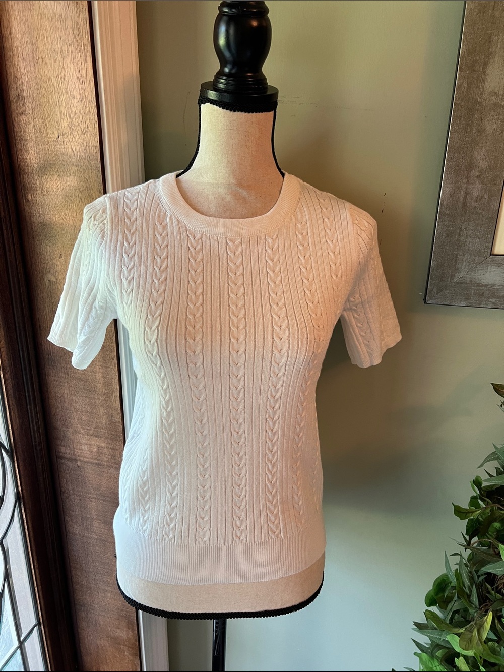 kathy ireland White Cable-Knit Short Sleeve Sweater Tee